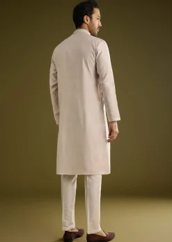 Grey Silk Kurta Set With Mirror And Thread Work