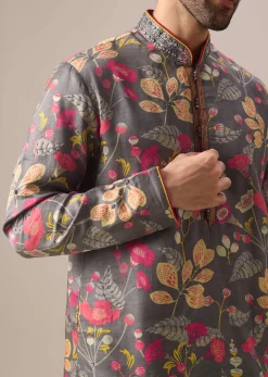 Grey Silk Kurta Set with Floral Prints