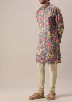 Grey Silk Kurta Set with Floral Prints