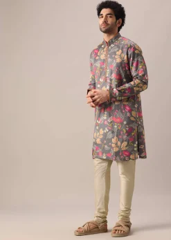 Grey Silk Kurta Set with Floral Prints