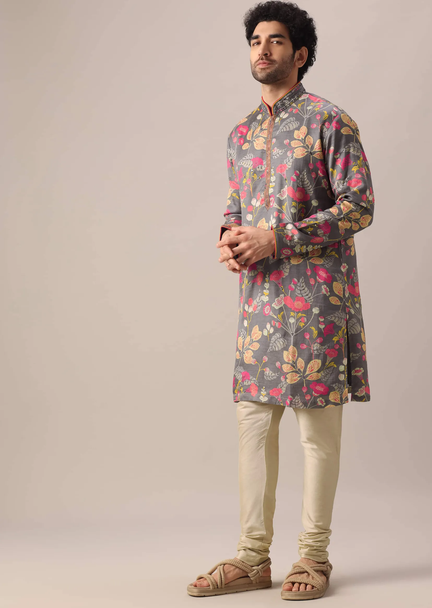 Grey Silk Kurta Set with Floral Prints