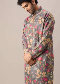 Grey Silk Kurta Set with Floral Prints
