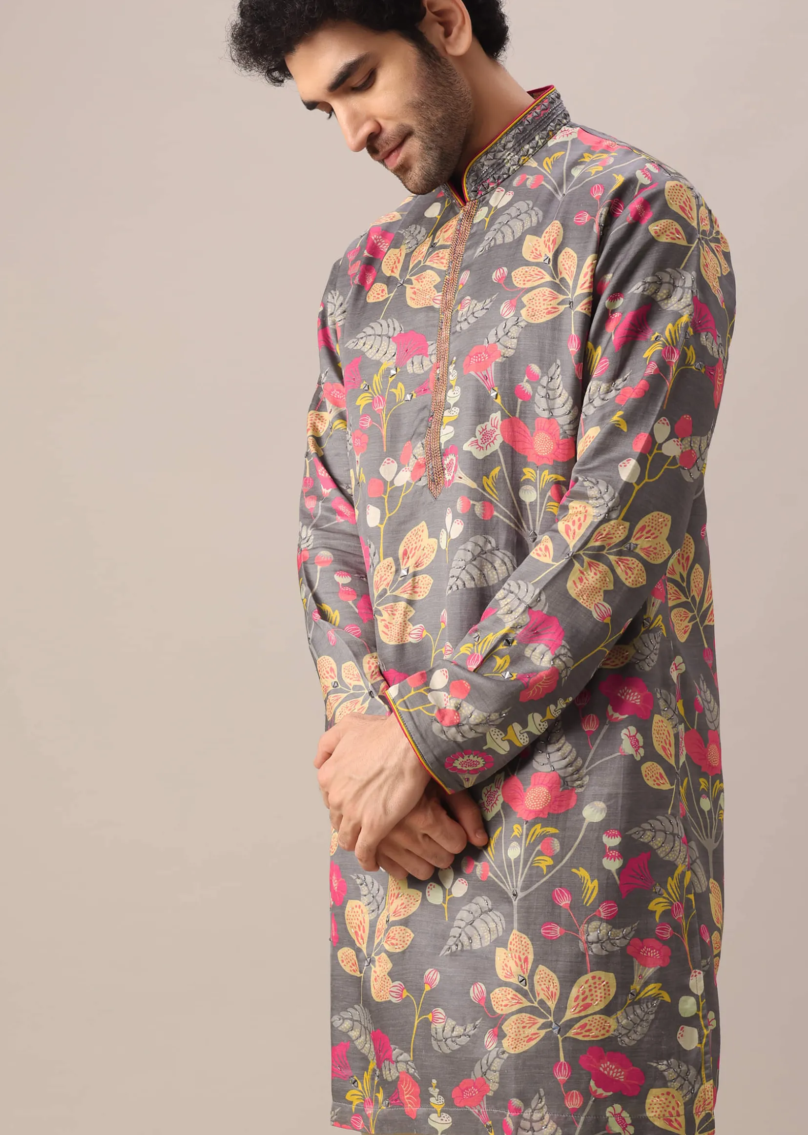 Grey Silk Kurta Set with Floral Prints