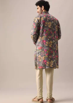 Grey Silk Kurta Set with Floral Prints