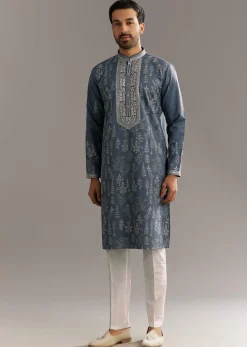 Grey Silk Kurta Set With Thread Work