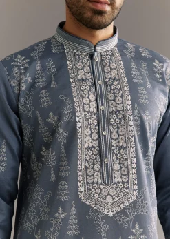 Grey Silk Kurta Set With Thread Work