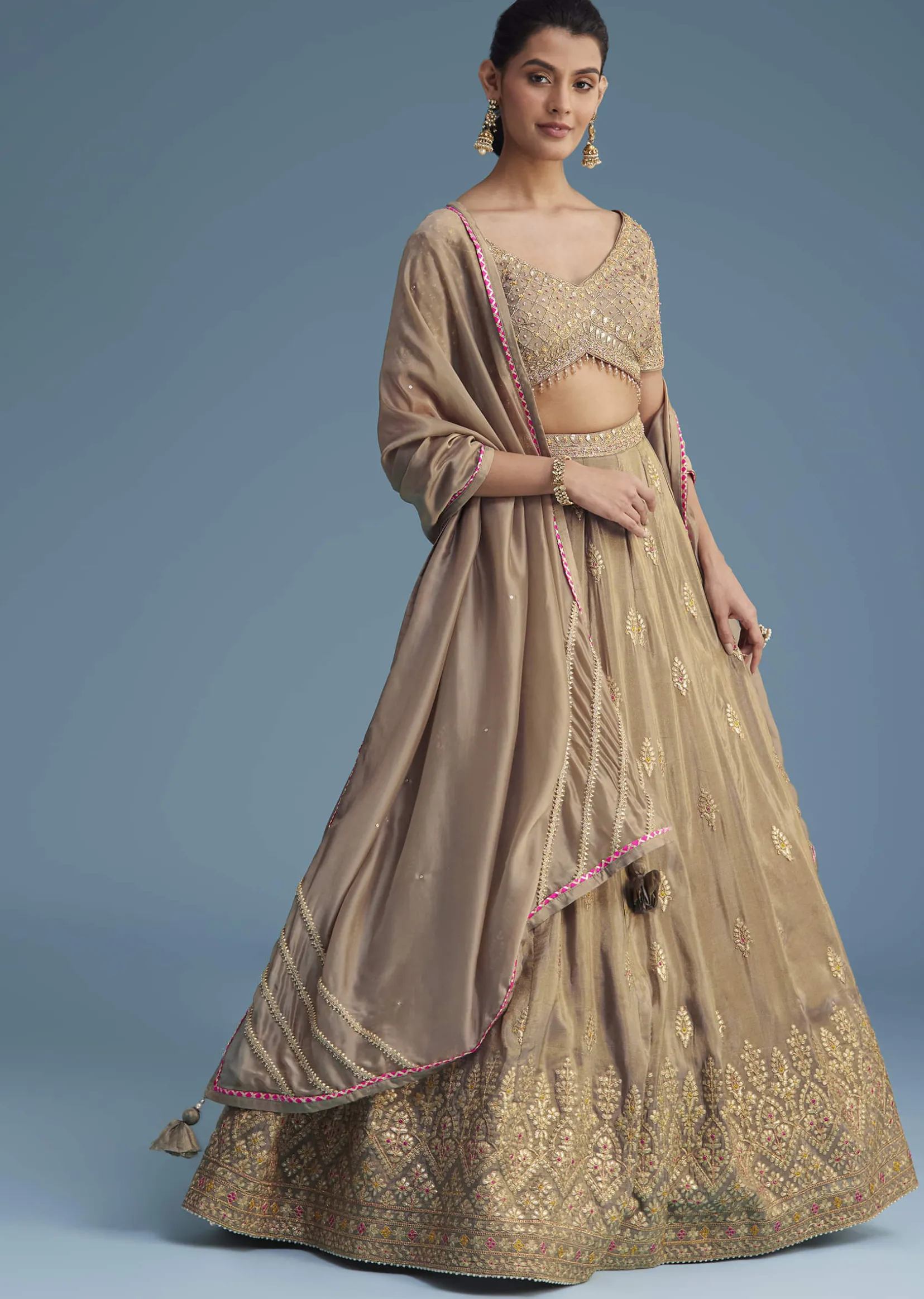 Grey Silk Lehenga Set With Gold Gotta Work