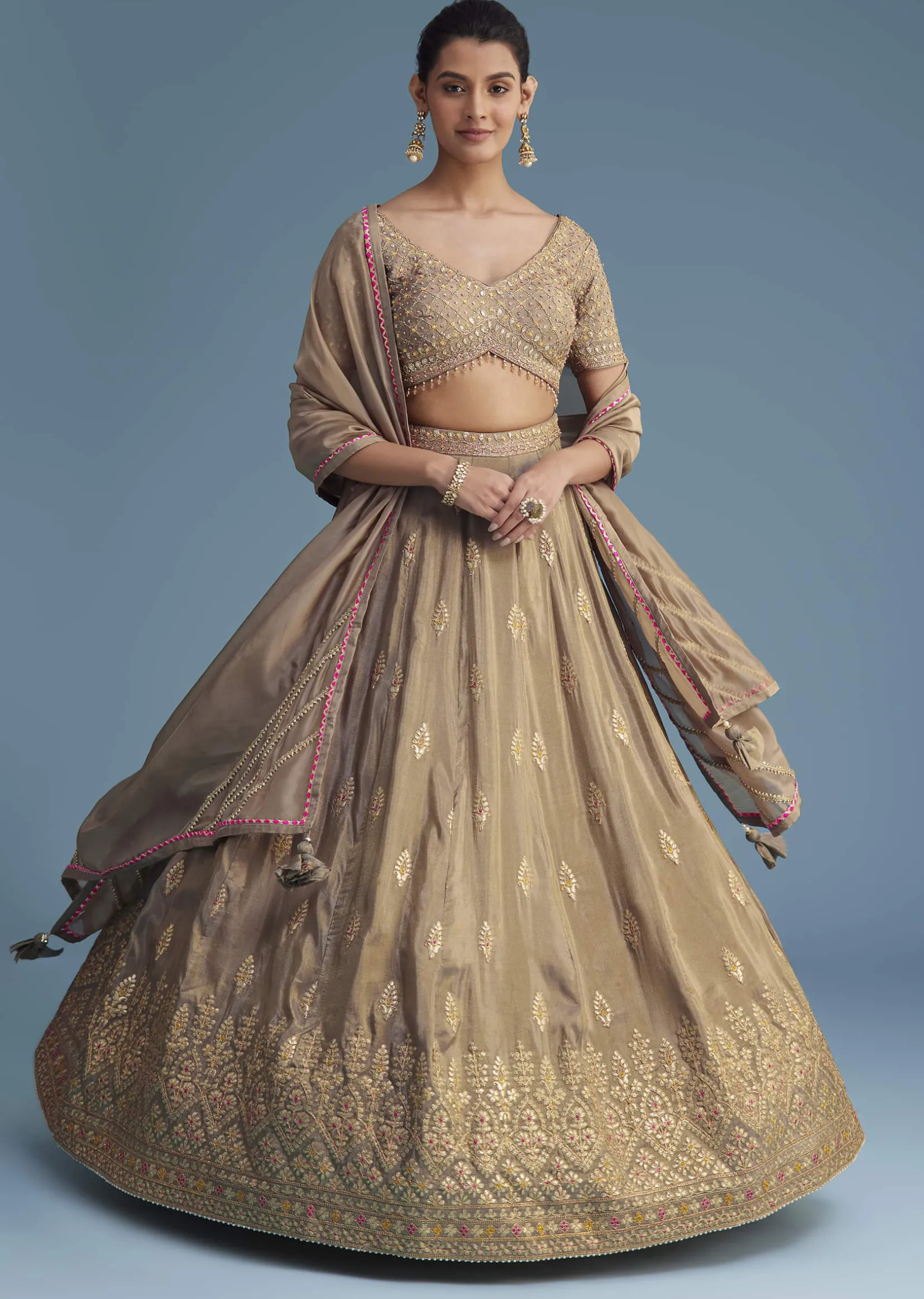 Grey Silk Lehenga Set With Gold Gotta Work