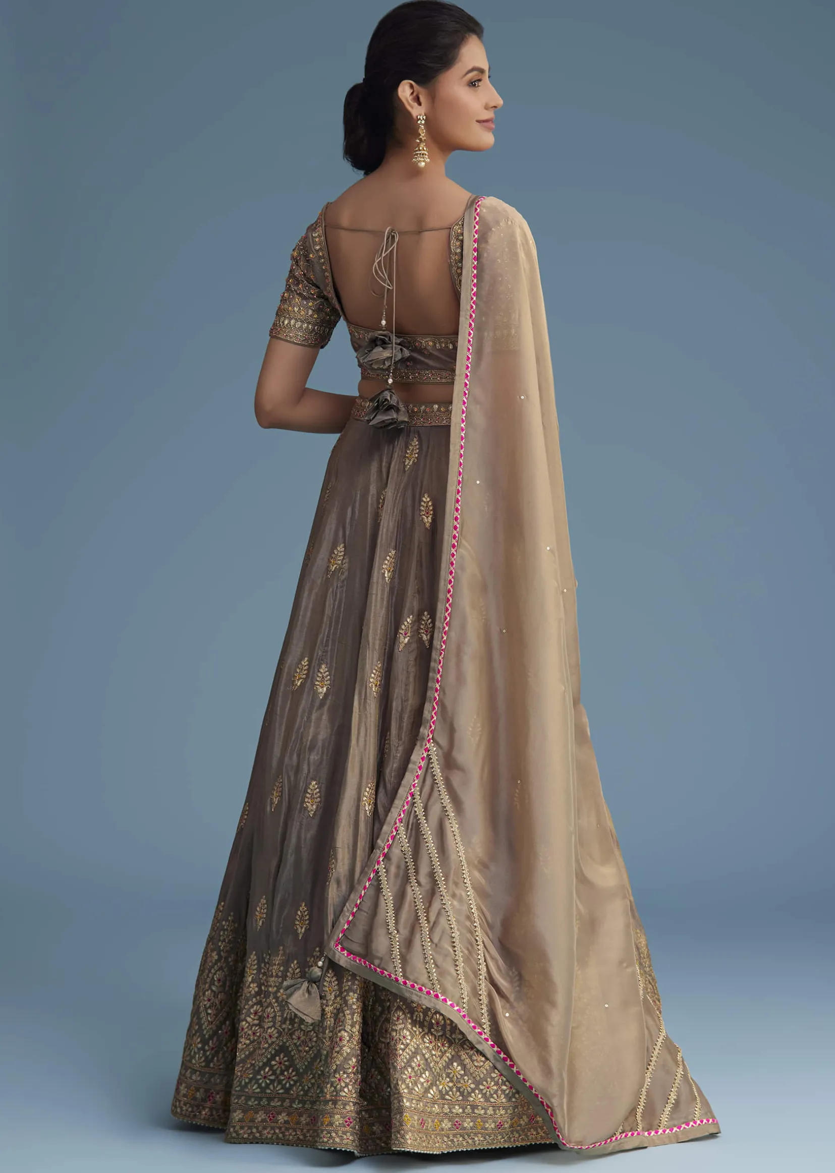 Grey Silk Lehenga Set With Gold Gotta Work
