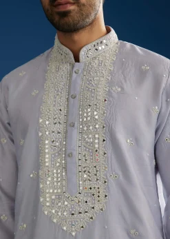 Grey Silk Mirrorwork Kurta Set With Threaded Yoke