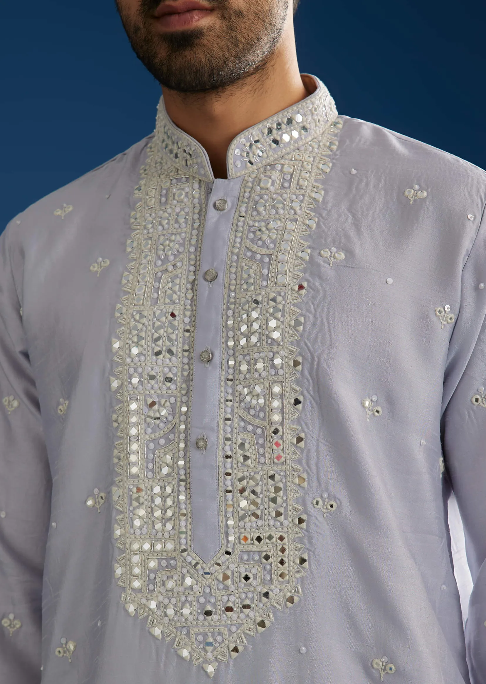 Grey Silk Mirrorwork Kurta Set With Threaded Yoke