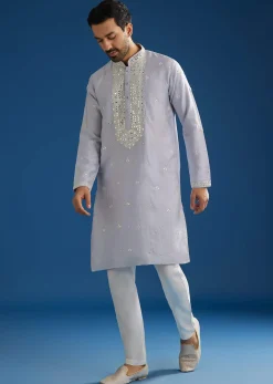 Grey Silk Mirrorwork Kurta Set With Threaded Yoke