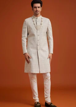 Grey Silk Sherwani With Embroidery And Beads Work