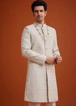 Grey Silk Sherwani With Embroidery And Beads Work