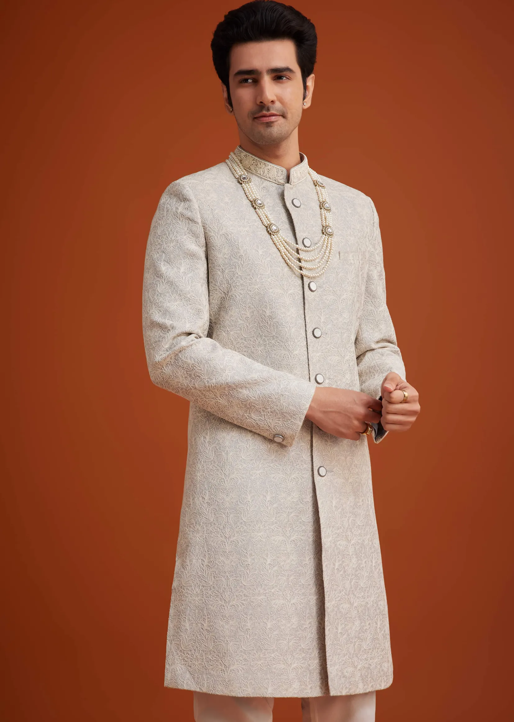 Grey Silk Sherwani With Embroidery And Beads Work