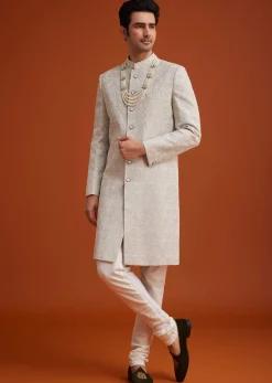 Grey Silk Sherwani With Embroidery And Beads Work