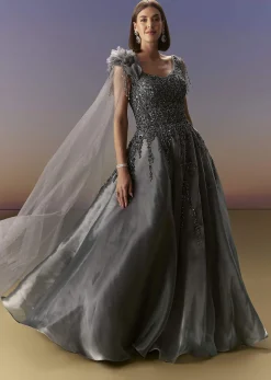 Grey Sleeveless Gown With Soft Net Trail And Shimmer