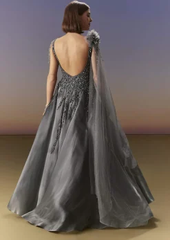 Grey Sleeveless Gown With Soft Net Trail And Shimmer
