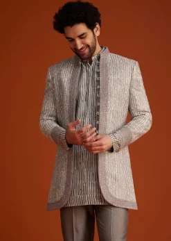 Grey Textured Jacket With Striped Kurta Set