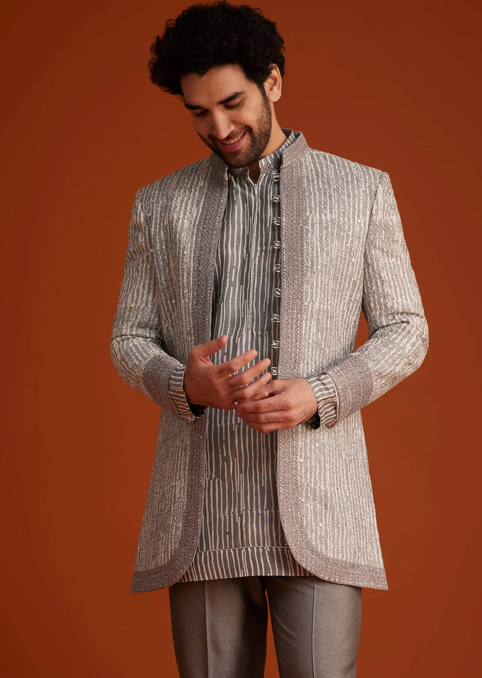 Grey Textured Jacket With Striped Kurta Set