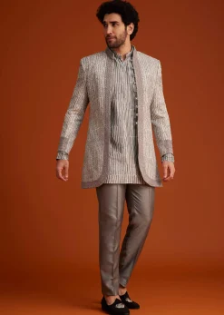Grey Textured Jacket With Striped Kurta Set