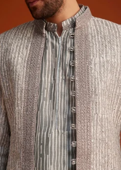 Grey Textured Jacket With Striped Kurta Set