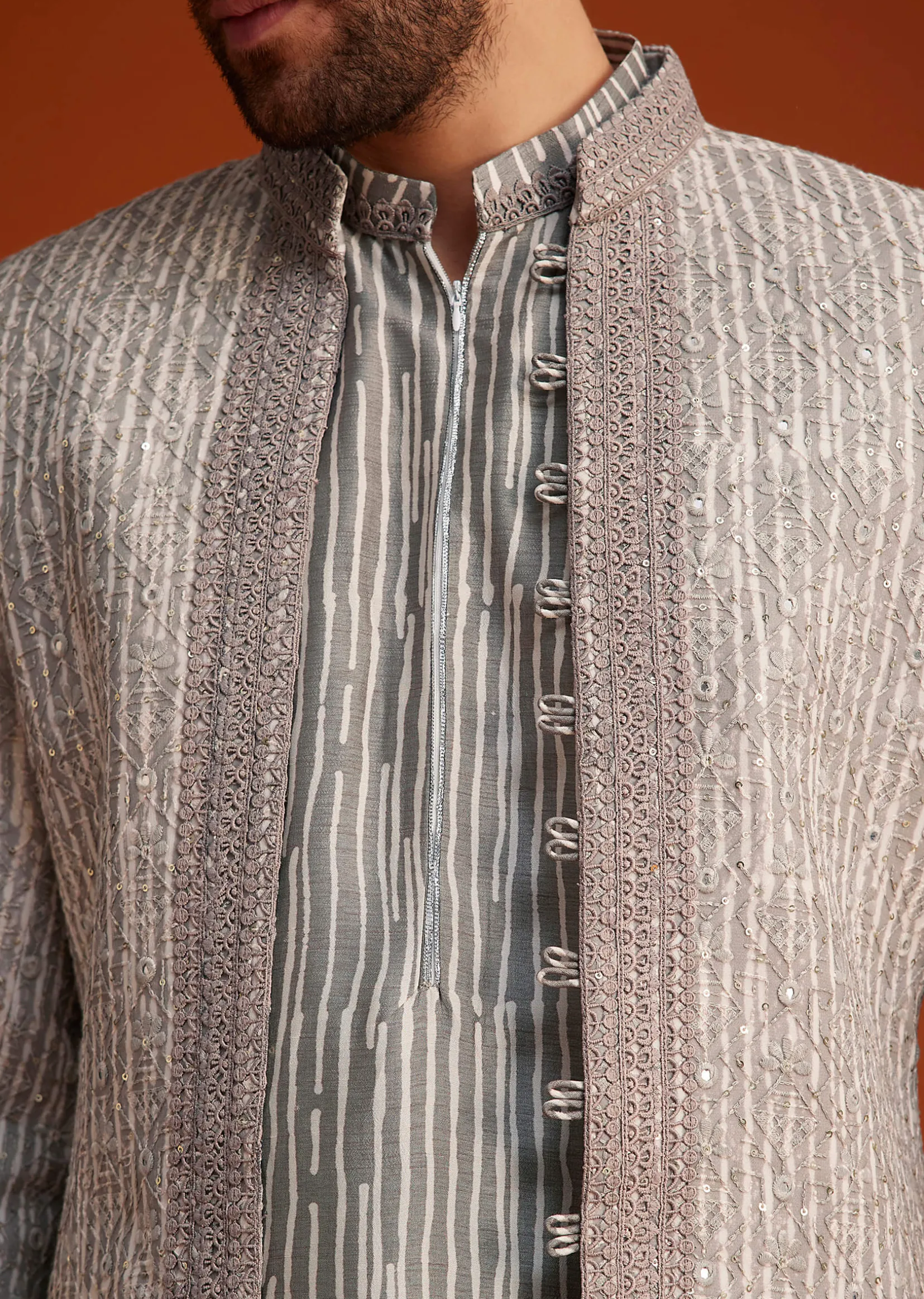 Grey Textured Jacket With Striped Kurta Set