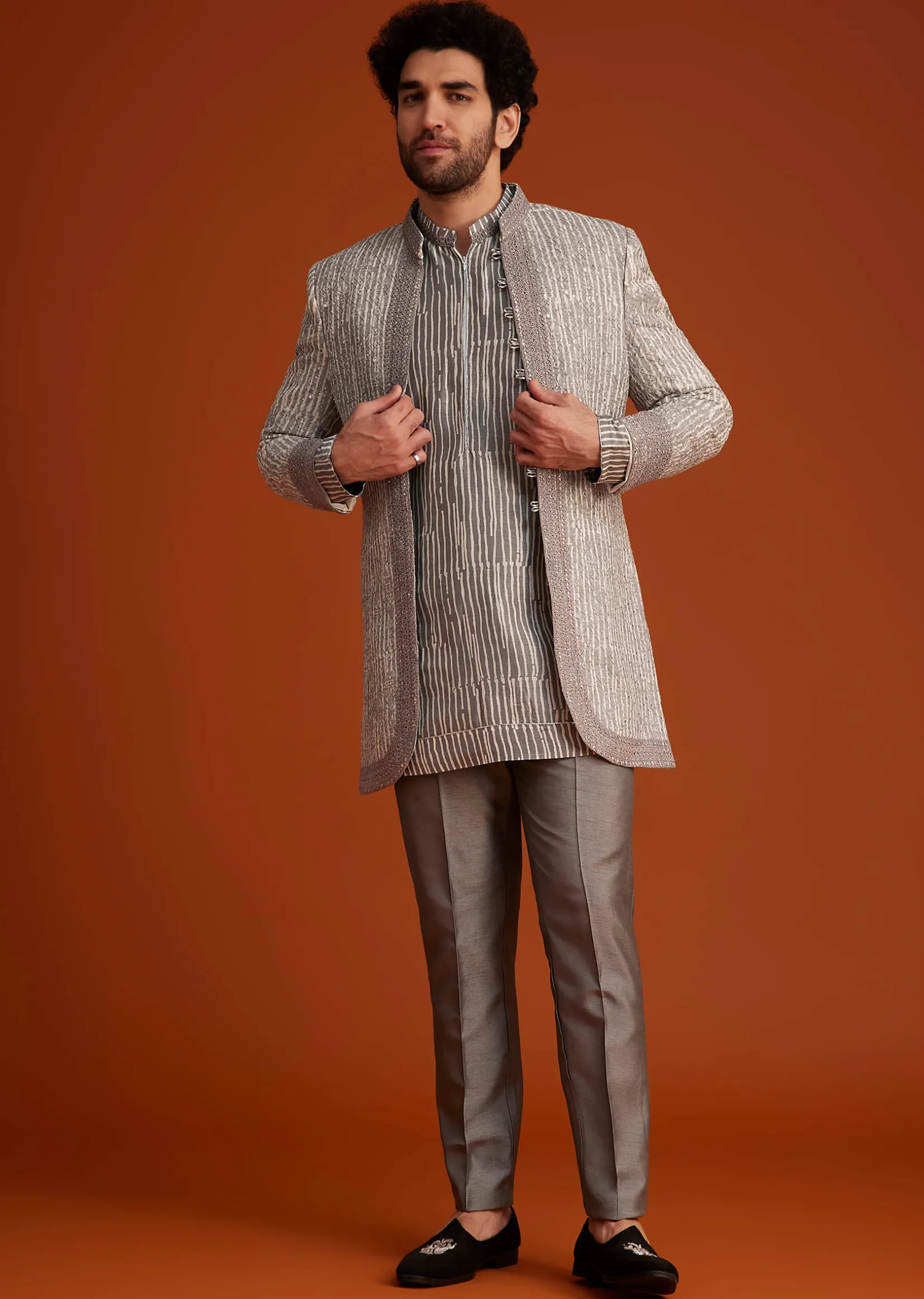 Grey Textured Jacket With Striped Kurta Set
