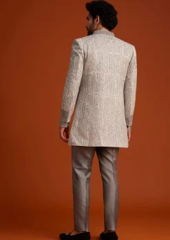 Grey Textured Jacket With Striped Kurta Set