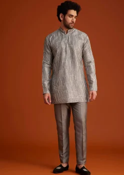 Grey Textured Jacket With Striped Kurta Set