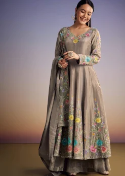 Grey Tissue Anarkali Set With Resham And Moti Work