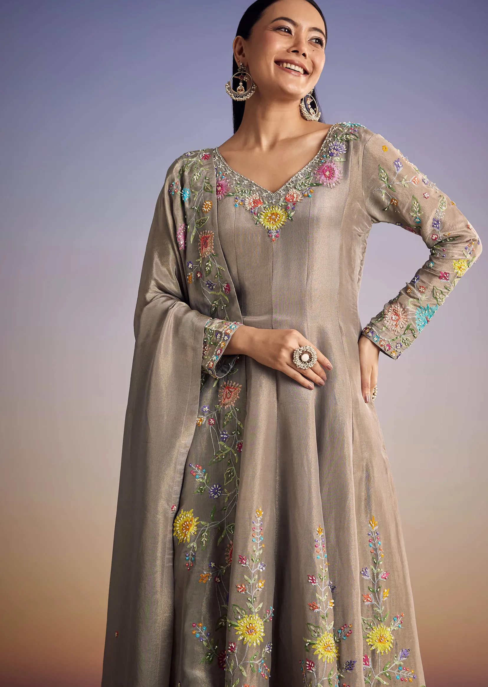 Grey Tissue Anarkali Set With Resham And Moti Work