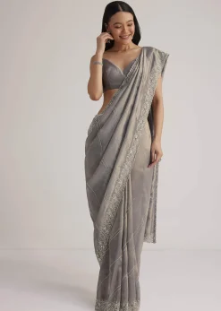 Grey Tissue Embroidered Saree