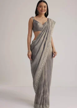 Grey Tissue Embroidered Saree