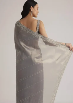 Grey Tissue Embroidered Saree