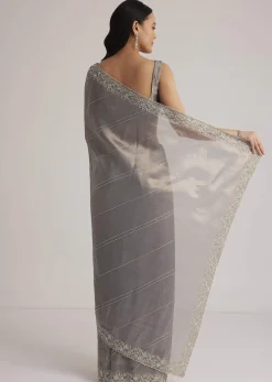 Grey Tissue Embroidered Saree