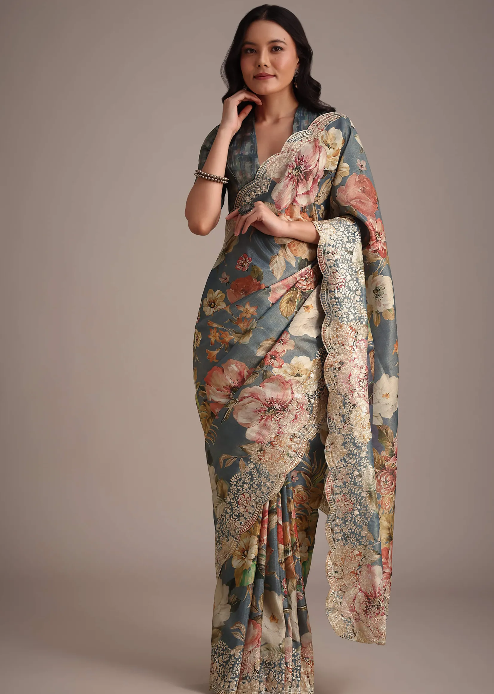 Grey Tissue Muslin Digital Printed Saree With Pitta Work On Border