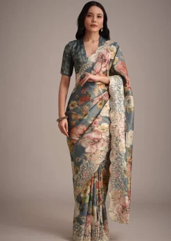 Grey Tissue Muslin Digital Printed Saree With Pitta Work On Border