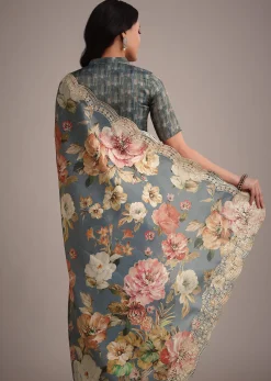 Grey Tissue Muslin Digital Printed Saree With Pitta Work On Border