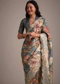 Grey Tissue Muslin Digital Printed Saree With Pitta Work On Border