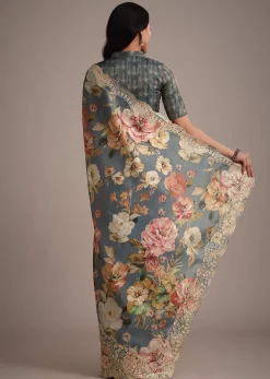 Grey Tissue Muslin Digital Printed Saree With Pitta Work On Border