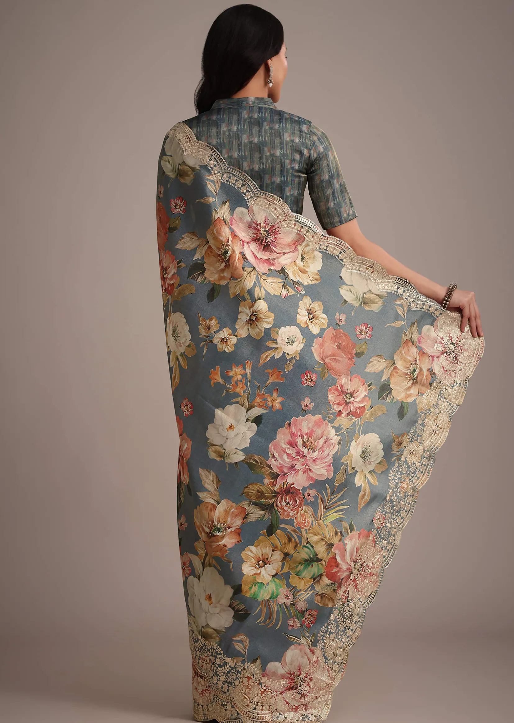 Grey Tissue Muslin Digital Printed Saree With Pitta Work On Border