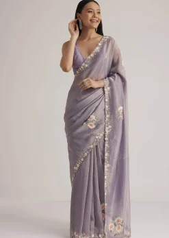 Grey Tissue Saree Floral Embroidery