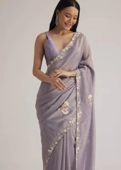 Grey Tissue Saree Floral Embroidery