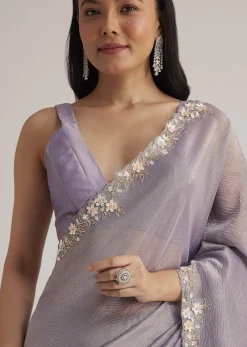 Grey Tissue Saree Floral Embroidery