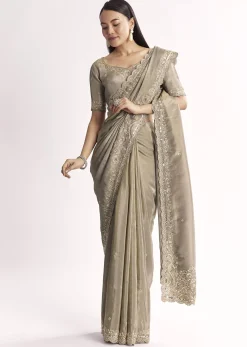 Grey Tissue Saree With Cutdana Sequins Beads And Resham Embroidery