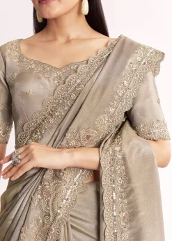Grey Tissue Saree With Cutdana Sequins Beads And Resham Embroidery