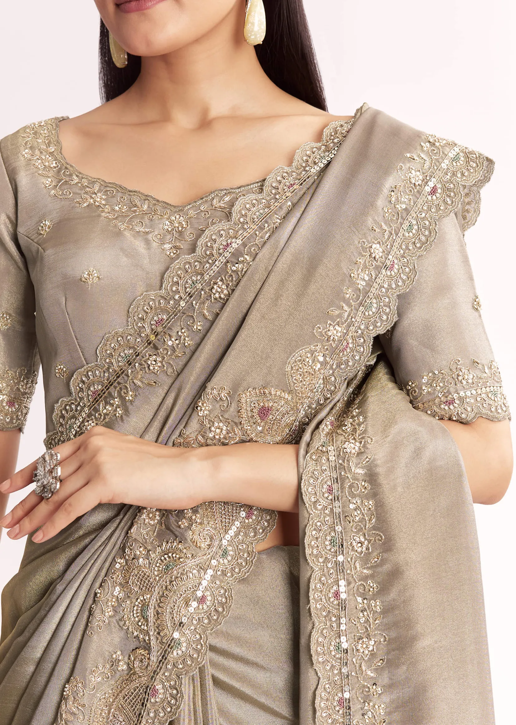 Grey Tissue Saree With Cutdana Sequins Beads And Resham Embroidery