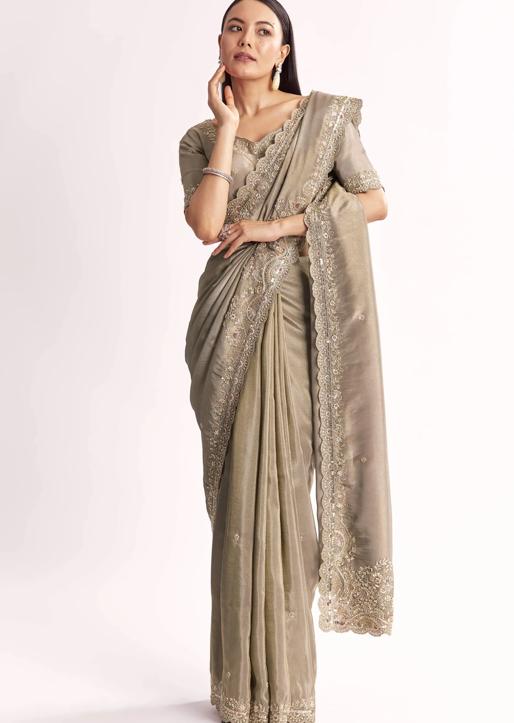 Grey Tissue Saree With Cutdana Sequins Beads And Resham Embroidery