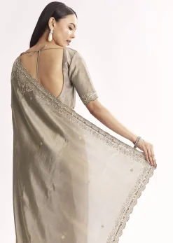 Grey Tissue Saree With Cutdana Sequins Beads And Resham Embroidery